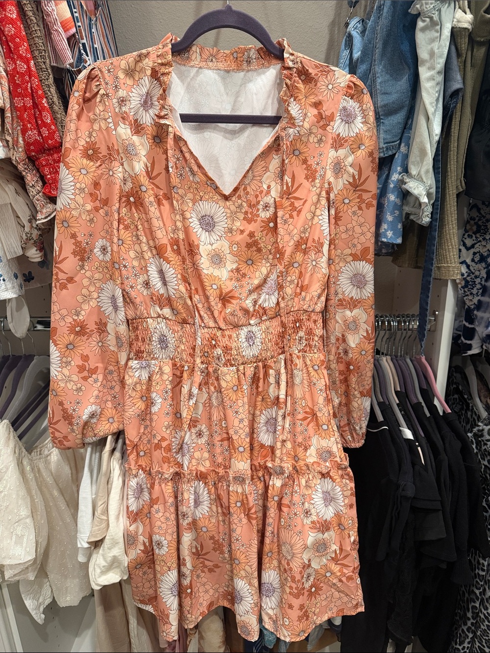 Floral Smocked Waist Peach Mini Dress